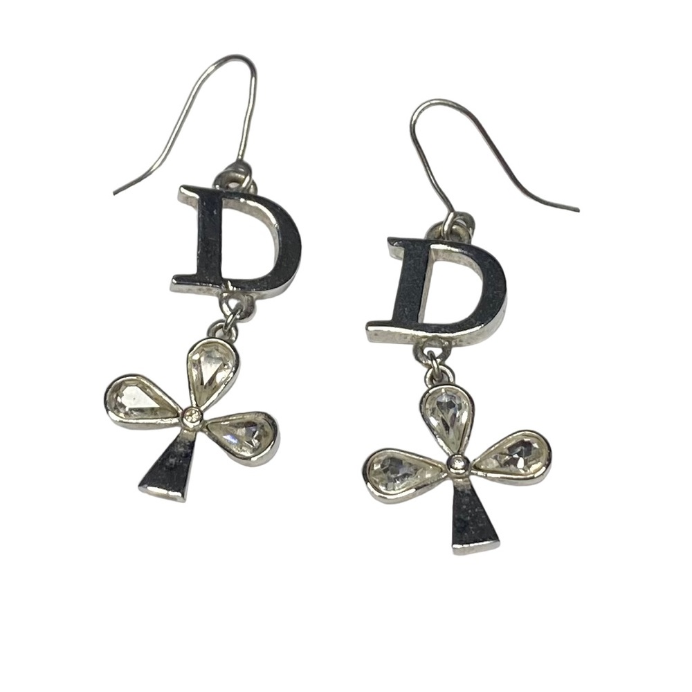 AUTH VTG Christian Dior Silver D Charm Logo Crystal Clover Dangle Hook Earrings - Picture 6 of 13